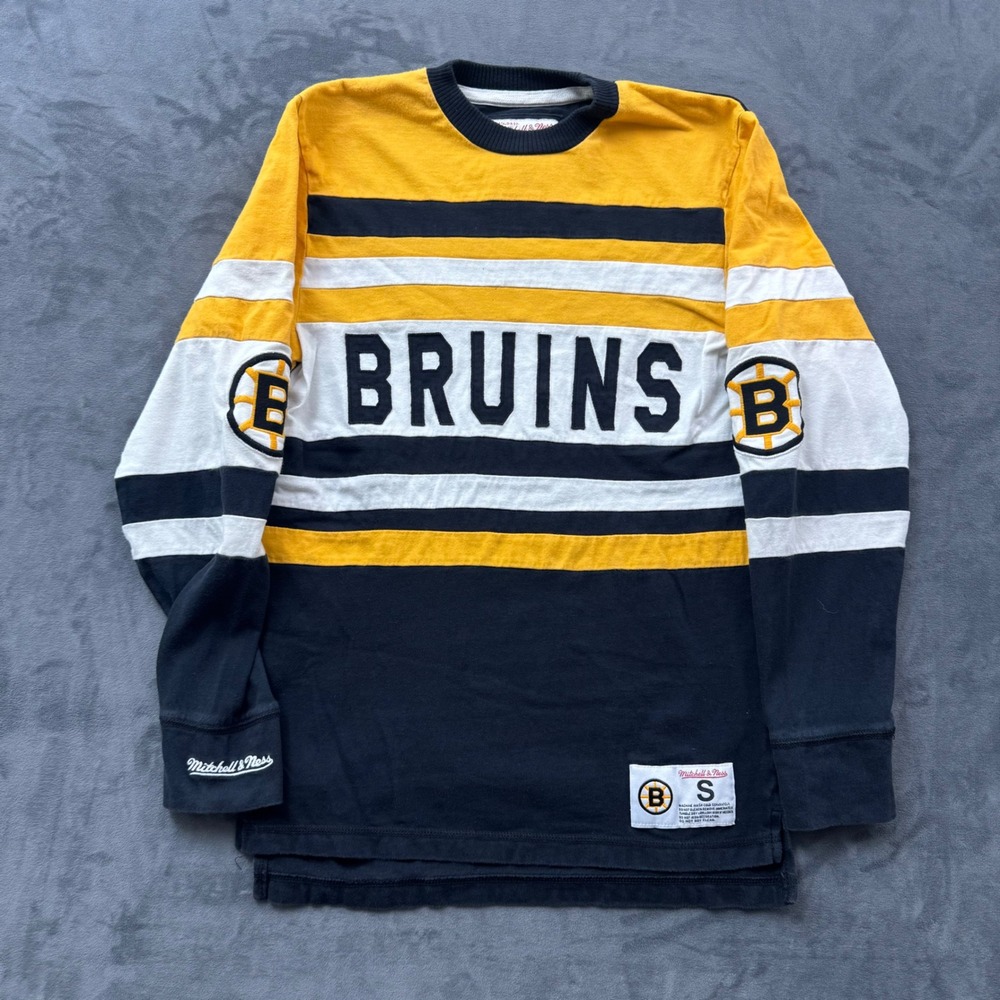 Mitchell & Ness Boston Bruins NHL Long Sleeve Shirt Black Gold White Mens Small